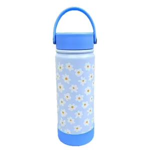 Portable 304 stainless steel insulated water bottle with white daisy floral pattern.