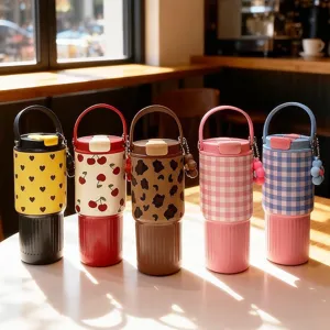 Taza Térmica de Acero Inoxidable 316 de Gran Capacidad Con Asa Portátil y Pajita Taza de Café para Coche Diseño de Cuadros y Corazones