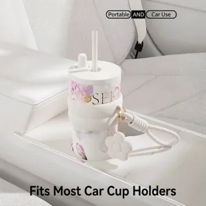 Elegant floral insulated tumbler with ceramic liner and straw, fits most car cup holders