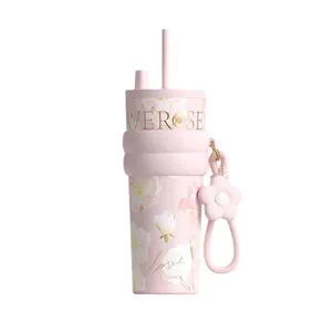 Elegant pink floral insulated straw cup with flower charm for car or home use