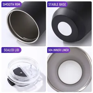 Collage showing rim, base, lid, and 304 stainless steel liner of vacuum coffee cup