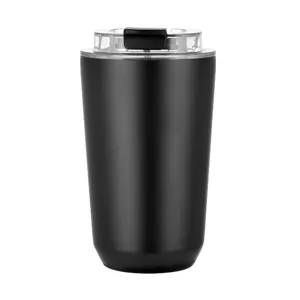 Modern matte black stainless steel insulated coffee tumbler with leak-proof clear lid