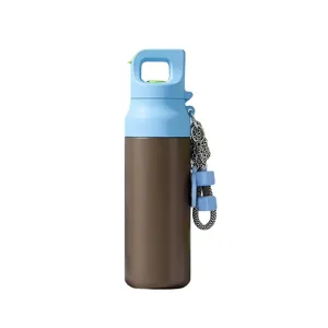 Borraccia sportiva in acciaio inox 316 con tappo blu a cannuccia e cinturino intrecciato