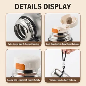 Detailed features of 316 stainless steel vacuum insulated bottle with portable strap