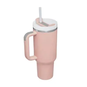 Insulated 40oz pink stainless steel tumbler featuring an ergonomic handle and straw