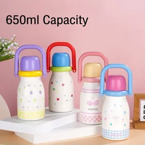316 Stainless Steel Large Capacity Water Bottle With Straw Portable Handle Cute Cartoon Big Belly Vacuum Flask Double Drinking Cup