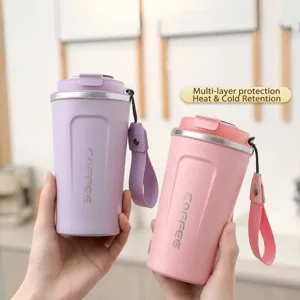 Double-layer stainless steel vacuum insulated coffee mugs in pink and purple colors
