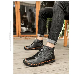 Stylish black leather Martin boots with orange stitching and side number five detail
