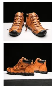 Detailed view of handmade brown leather boots with vintage stitching and textured finish