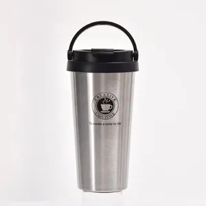 Silver 304 stainless steel coffee travel mug with a portable black handle lid
