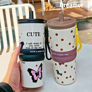 Stainless steel tumbler detail view, straw lid and portable strap design for outdoor use.