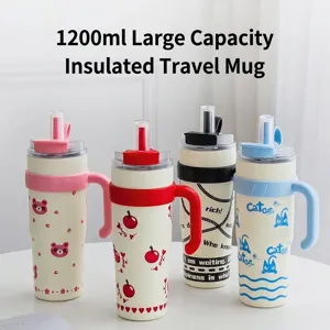 Bicchiere Termico da 40oz Con Manico e Cannuccia Grande Capacità in Acciaio Inossidabile 316 Tazza da Viaggio Sottovuoto Cartoon Stampa Tazza da Caffè per Auto