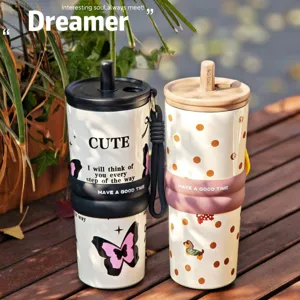 Stainless steel tumbler with straw and strap 316 vacuum insulated portable cup detail view