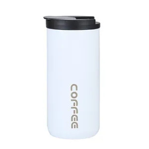 Minimalist white 304 stainless steel portable coffee mug with black lid and coffee logo