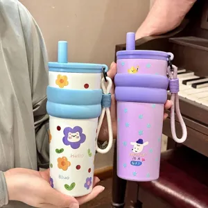 Large 316 stainless steel insulated tumblers with straws and straps in pastel colors