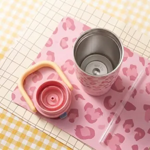 Rosa Leopardenmuster 316 Edelstahl Isolierbecher Kaffeebecher mit Griff und Strohhalm