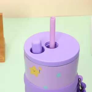 Purple 316 stainless steel insulated tumbler with straw and cute cartoon star design
