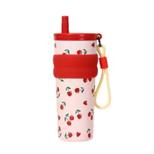 Pink cherry print 316 stainless steel vacuum insulated cup with straw and carrying cord