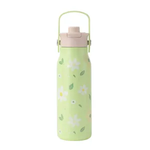 Borraccia termica in acciaio inox 304 verde chiaro con motivo floreale e manico per sport