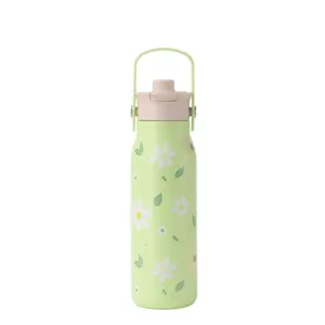 Borraccia termica in acciaio inox 304 verde chiaro con motivo floreale a margherite