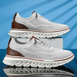 Atmungsaktive Herren-Sneaker aus Mesh mit braunem Lederbesatz und dicker weißer Profilsohle