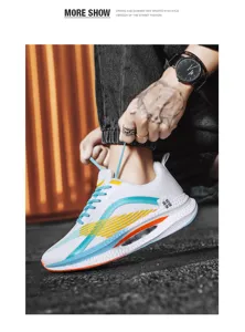 Close-up lifestyle view of lightweight white athletic sneakers with colorful accents