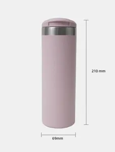 Macro view of pink stainless steel tumbler with 210mm height and 69mm width dimensions