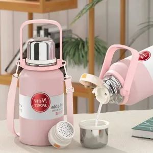 Large capacity pink 316 stainless steel insulated water bottle with handle and strap