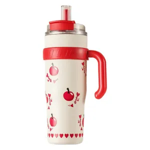 Bicchiere termico da 40oz in acciaio inox con motivo a ciliegia, manico e cannuccia