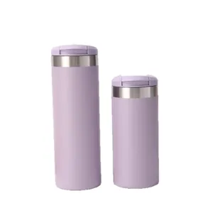 Pair of lavender stainless steel vacuum insulated coffee mugs for travel and car use
