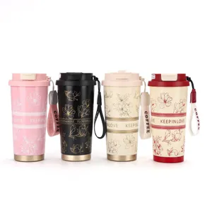 Four colors of 316 stainless steel thermal coffee mugs with elegant floral patterns