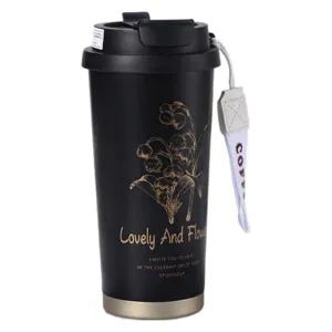 Black insulated 316 stainless steel coffee mug with lily-of-the-valley floral design