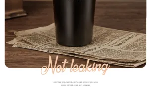 Stainless steel thermos cup detail shot, double wall vacuum insulation for daily office.