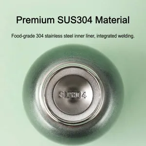 Close-up of food-grade SUS304 stainless steel liner in a green insulated water bottle.