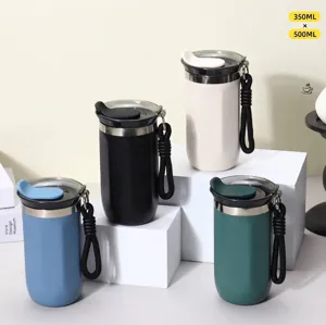 Insulated stainless steel coffee tumblers with leak-proof lids and carry straps