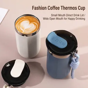 Modern minimalist insulated stainless steel coffee tumblers with carry ropes and lids
