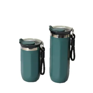 Dark green 304 stainless steel insulated coffee mugs with portable carry straps