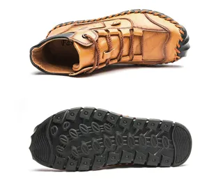 Detailed view of the handcrafted leather upper and anti-slip rubber sole of these men's boots
