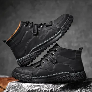 Botas Martin negras para hombre con costura a mano y suela de goma antideslizante