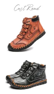 Handmade leather men's boots in brown and black featuring a vintage workwear style design