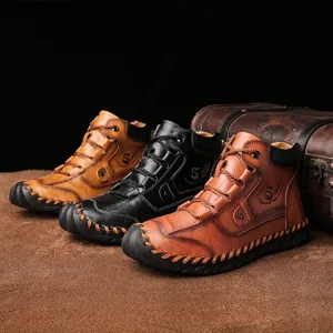 Handmade retro leather men's work boots in black and brown finishes for rugged outdoor wear
