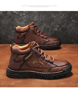 Detail view of retro brown mid-top Martin boots with durable stitched sole for men