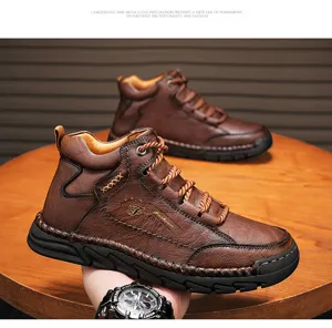 Detailed view of men's brown leather mid-top Martin boots with retro stitching.