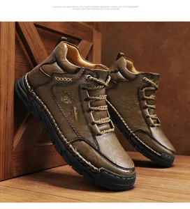 Detail view of brown retro men's Martin boots with hand-stitched leather texture.