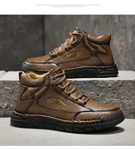 Side detail of brown leather men's mid-top Martin boots with retro hand-stitched sole