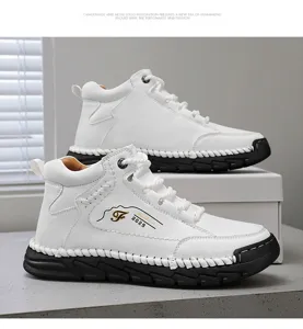 Close-up detail of white mid-top men's retro casual boots featuring contrast stitching and logo
