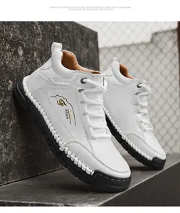 Detailed view of white mid-top men's work boots featuring Fashion 2029 side branding