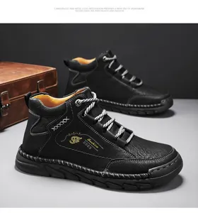 Close-up of retro black mid-top Martin boots with intricate stitching details