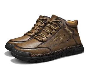 Men's retro brown mid-top Martin boots with durable stitched rubber soles and laces