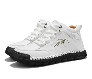 Side view detail of white men's mid-top Martin boots with retro stitching